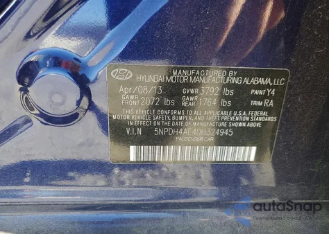 2013 Hyundai Elantra Gls z USA, uszkodzony, nr VIN 5NPDH4AE4DH324945